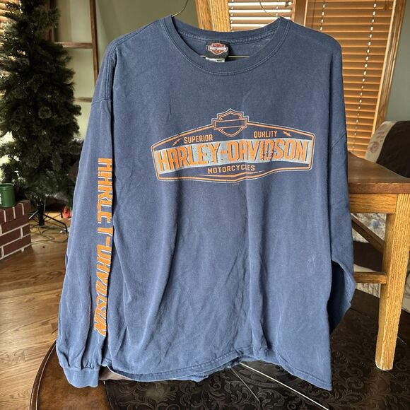 VTG Harley Davidson Shirt Mens Extra Large BLUE LONG SLEEVE DOUBLE SIDED Biker - Picture 2 of 5